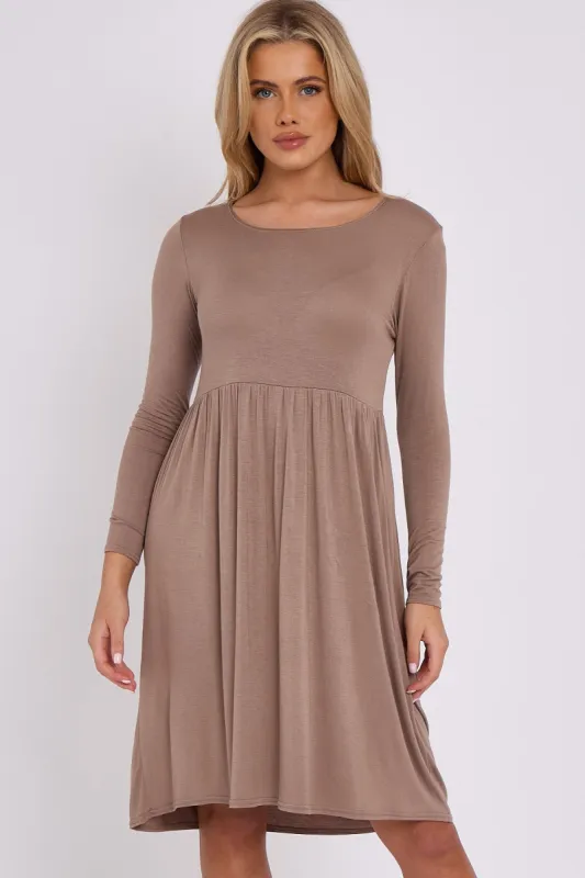 Aftershock London Mocha Long Sleeve Gathered Waist Dress sold by Goddiva