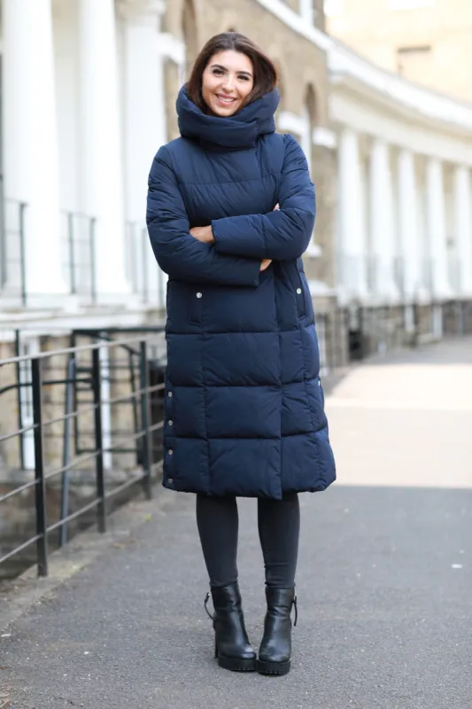 Navy Long Lux Wrap Puffer Coat by Double Second sold by Goddiva