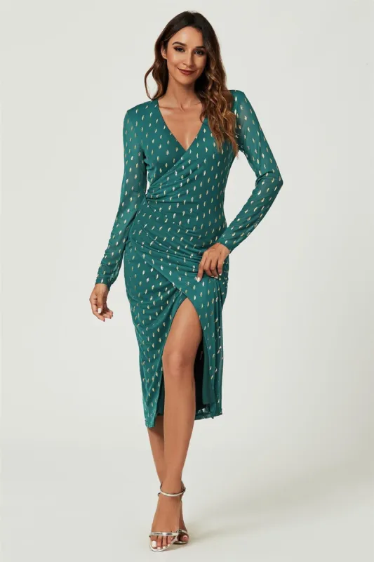 Foil Mesh Long Sleeve Midi Dress In Green by FS Collection sold by Goddiva