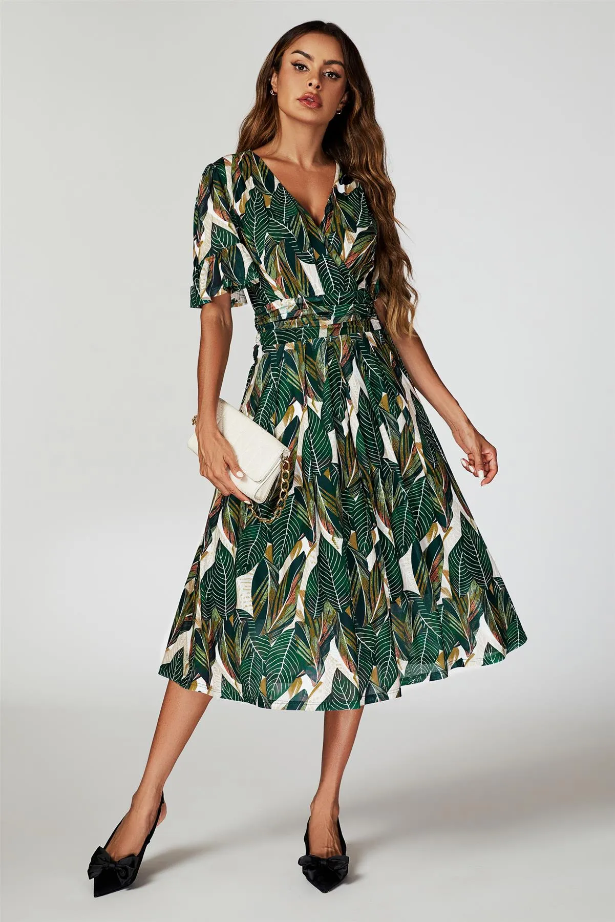FS Collection Leaf Print Mesh Midi Dress In Green sold by Goddiva product image thumbnail 4
