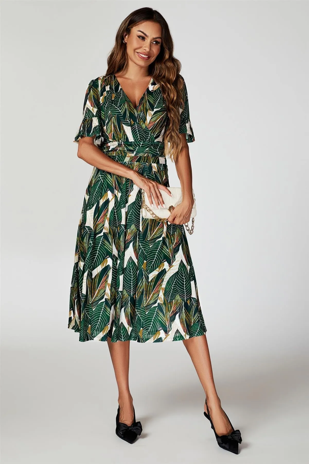 FS Collection Leaf Print Mesh Midi Dress In Green sold by Goddiva