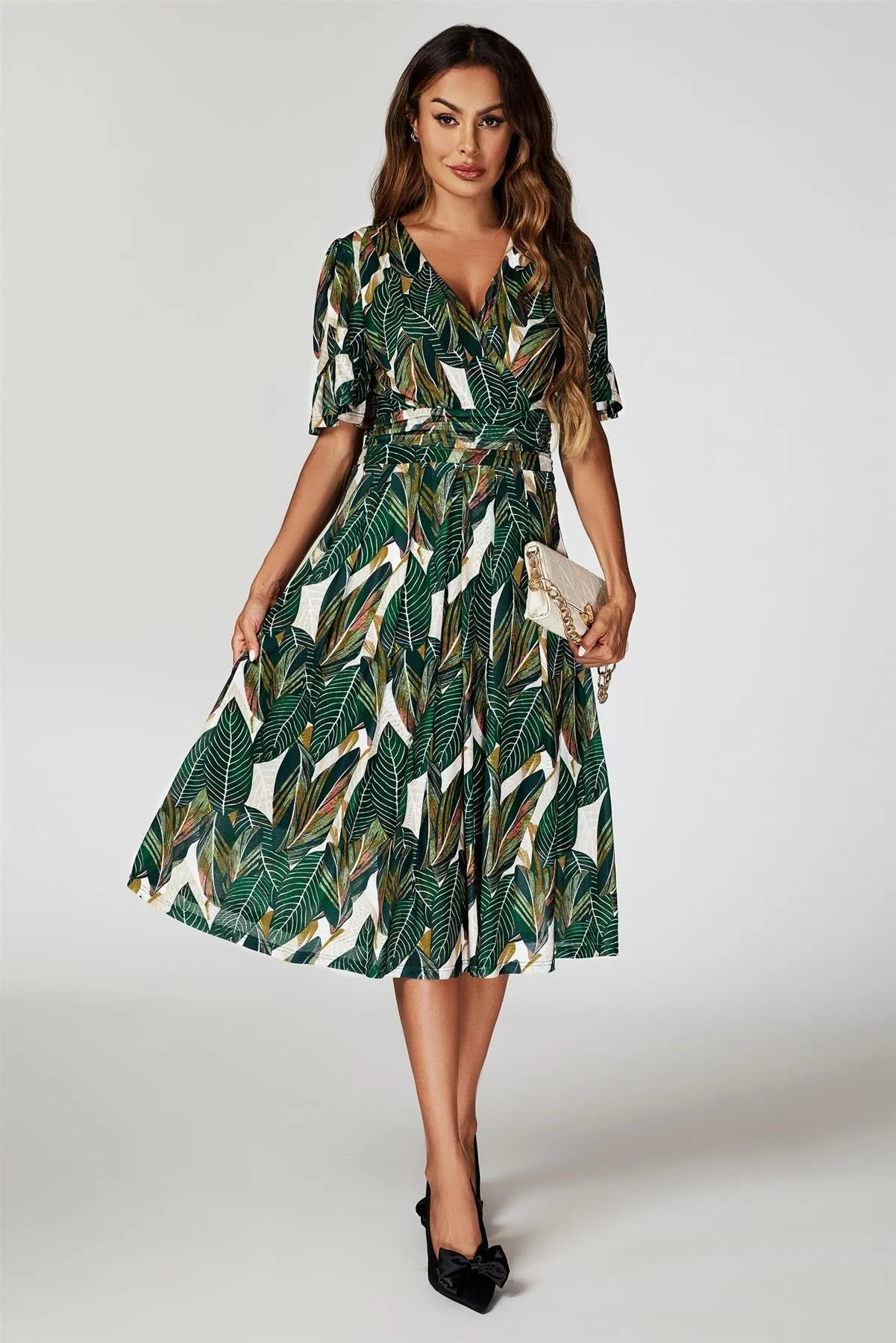 FS Collection Leaf Print Mesh Midi Dress In Green sold by Goddiva product image thumbnail 5