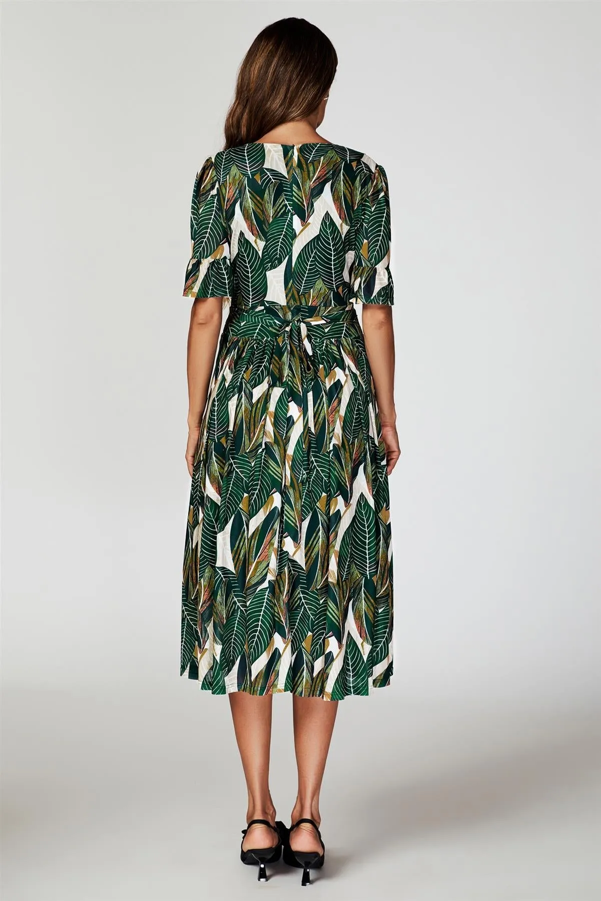 FS Collection Leaf Print Mesh Midi Dress In Green sold by Goddiva product image thumbnail 2