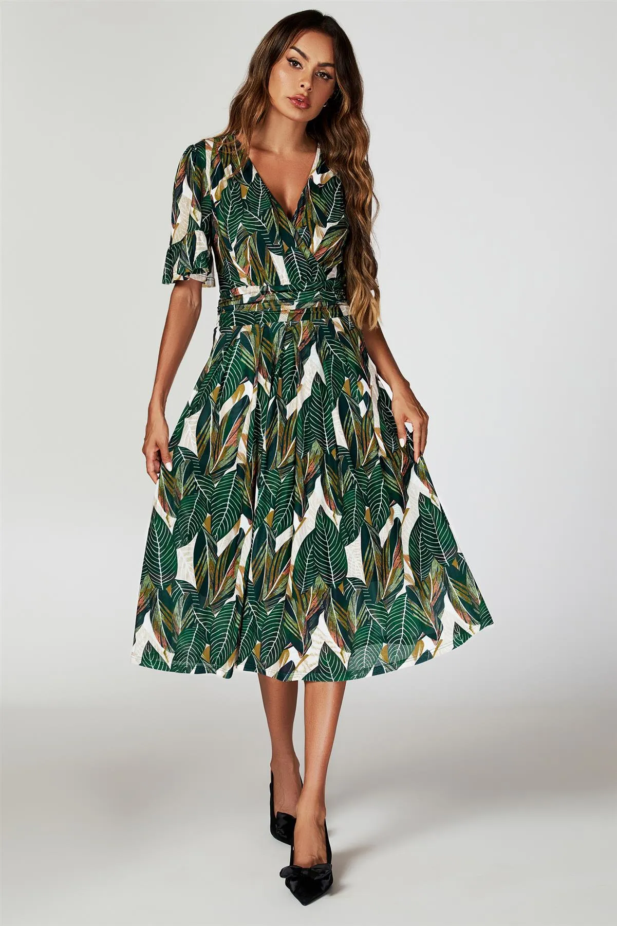 FS Collection Leaf Print Mesh Midi Dress In Green sold by Goddiva product image thumbnail 3