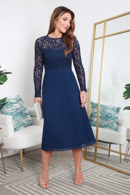 Long Sleeve Lace Pleated Dress by Double Second sold by Goddiva