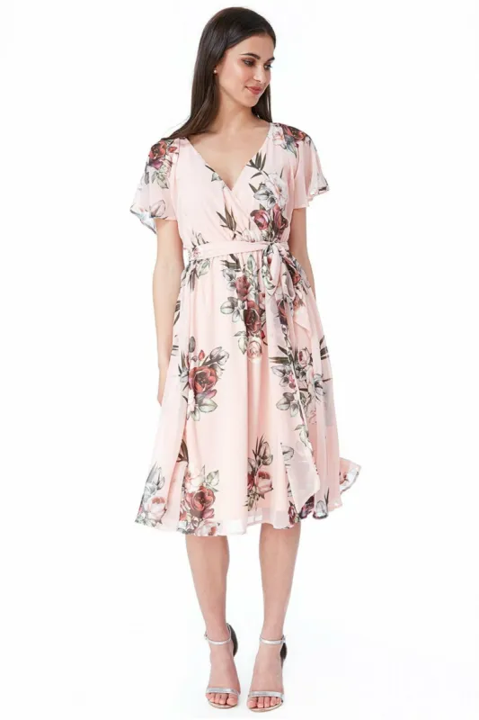 Goddiva Floral Print Midi With Flutter Sleeves - Pink sold by Goddiva