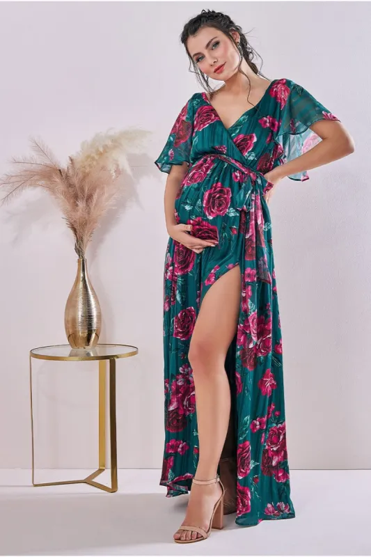Goddiva Maternity Flutter Sleeve Floral Wrap Maxi Emerald made by Goddiva
