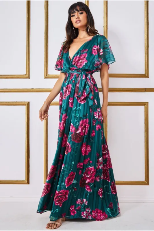 Goddiva Flutter Sleeve Floral Wrap Maxi - Emerald Green sold by Goddiva