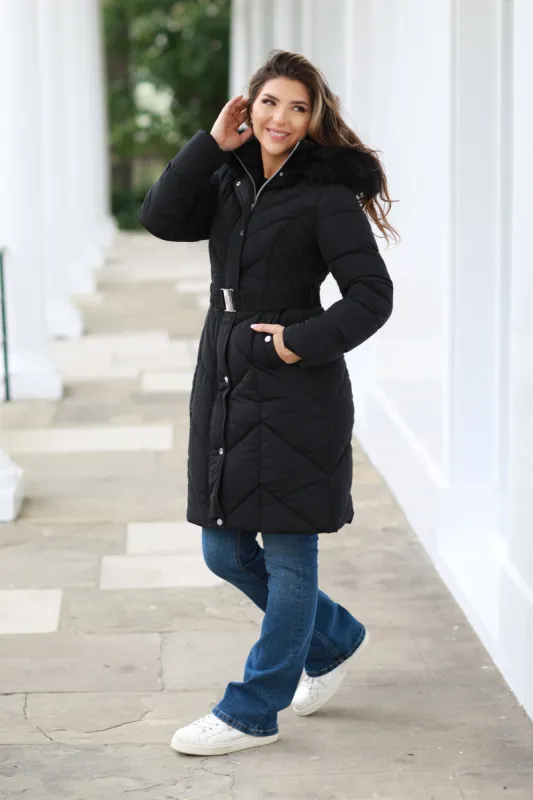 Long Padded Belted Puffer by Double Second sold by Goddiva