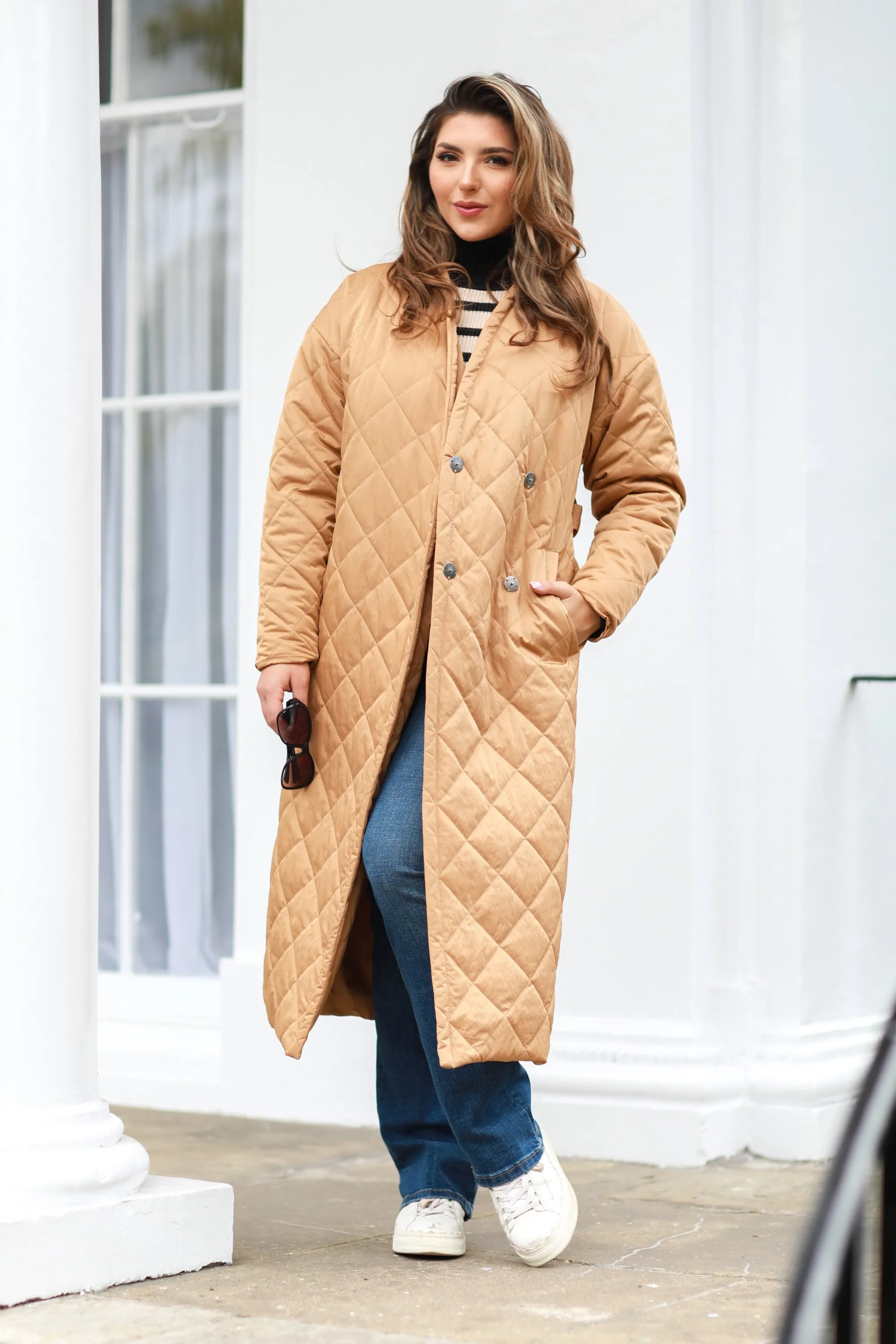 Camel Oversized Quilted Longline Wrap Coat by Double Second sold by Goddiva