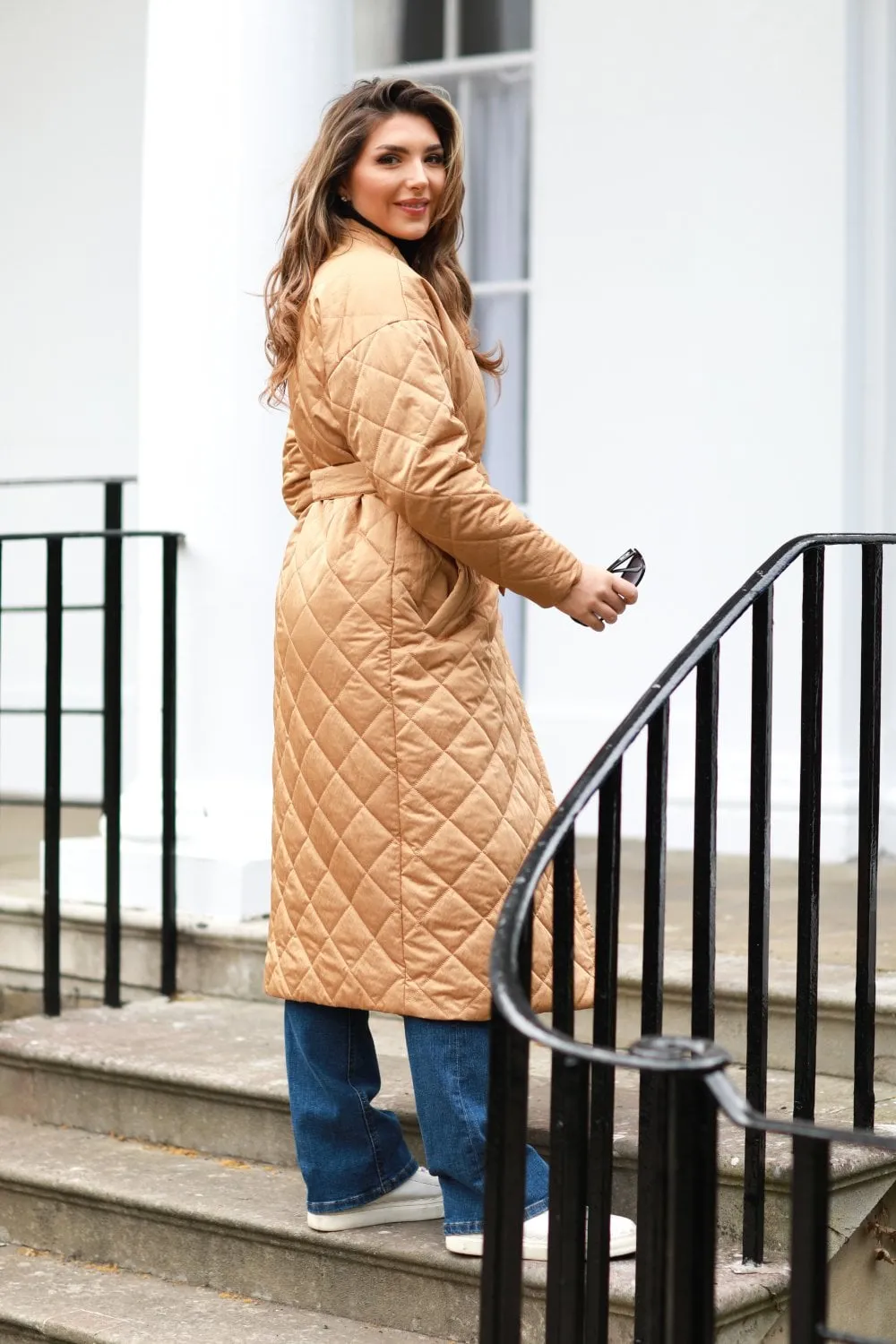 Camel Oversized Quilted Longline Wrap Coat by Double Second sold by Goddiva product image thumbnail 5