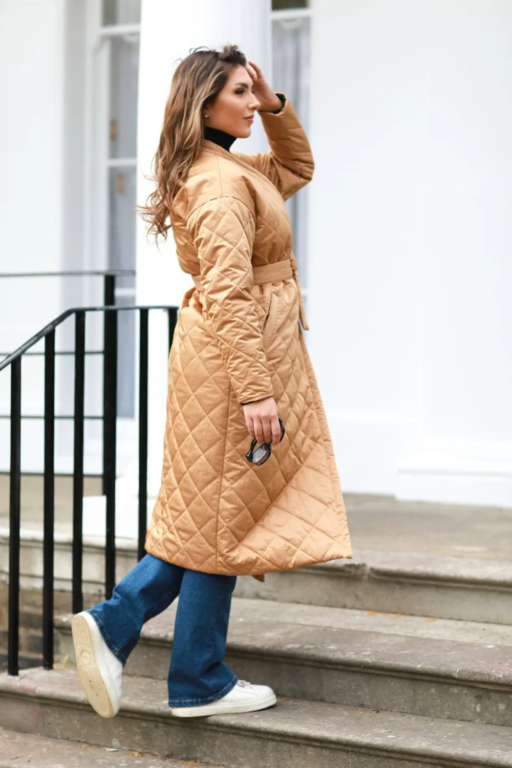 Camel Oversized Quilted Longline Wrap Coat by Double Second sold by Goddiva product image thumbnail 3