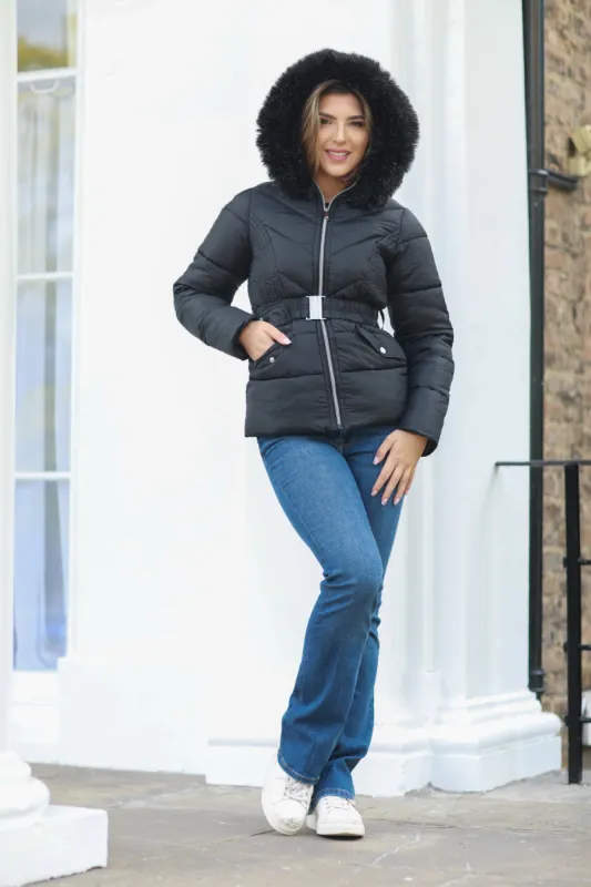 Black Padded Short Belted Puffer by Double Second sold by Goddiva