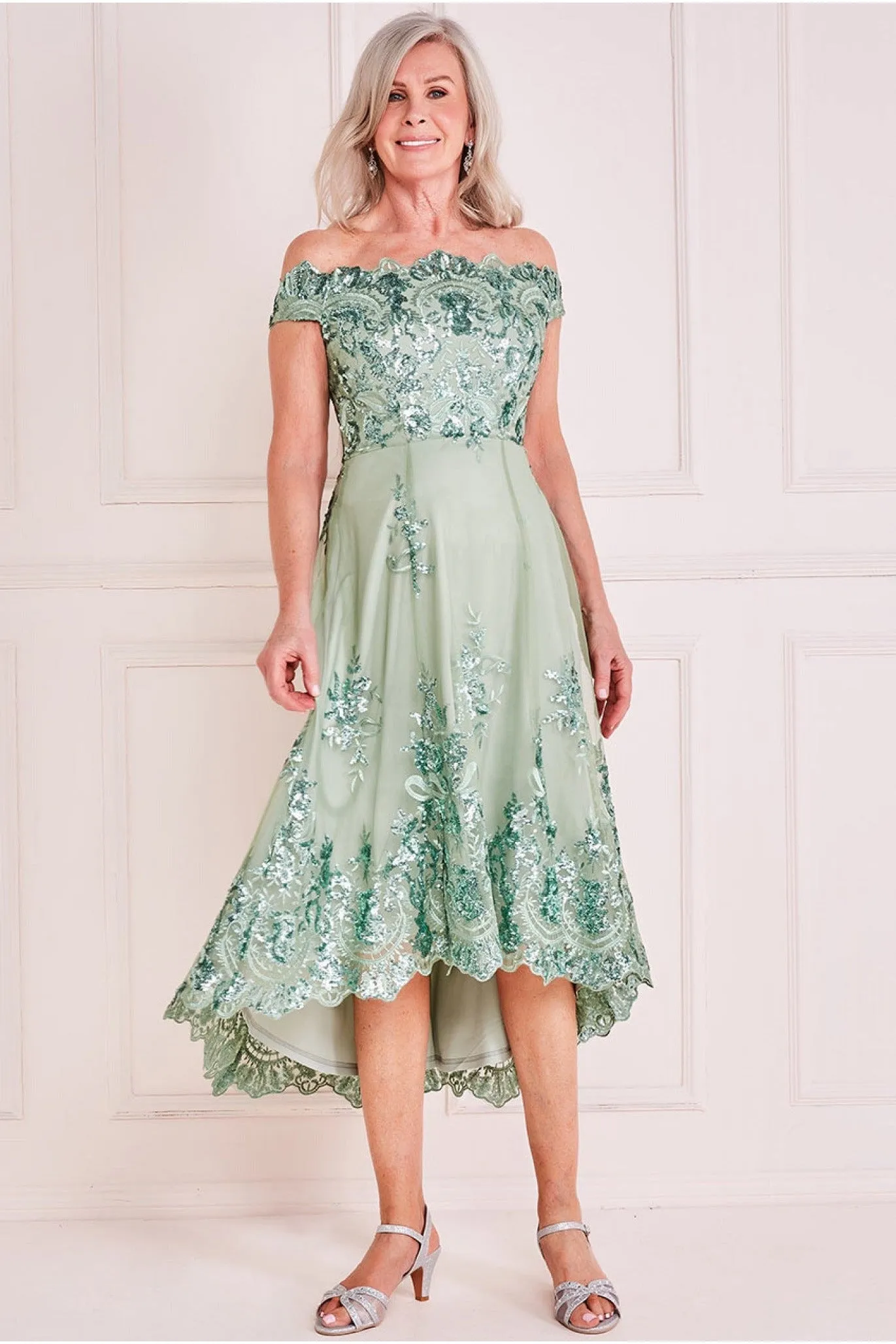 Goddiva Sequin & Lace Bardot High Low Midi sold by Goddiva