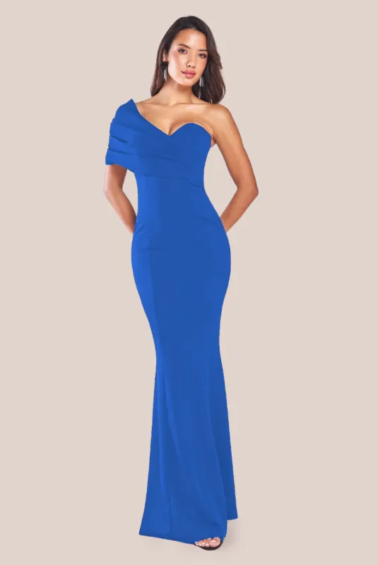 Goddiva One Shoulder Fan Maxi Dress - Royal Blue sold by Goddiva
