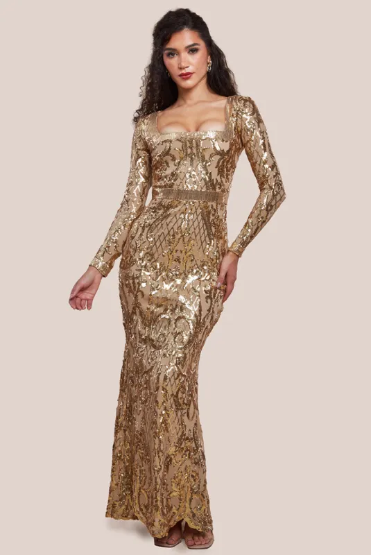 Sequin Square Neck Maxi With Scallop Hem - Gold by Goddiva sold by Goddiva