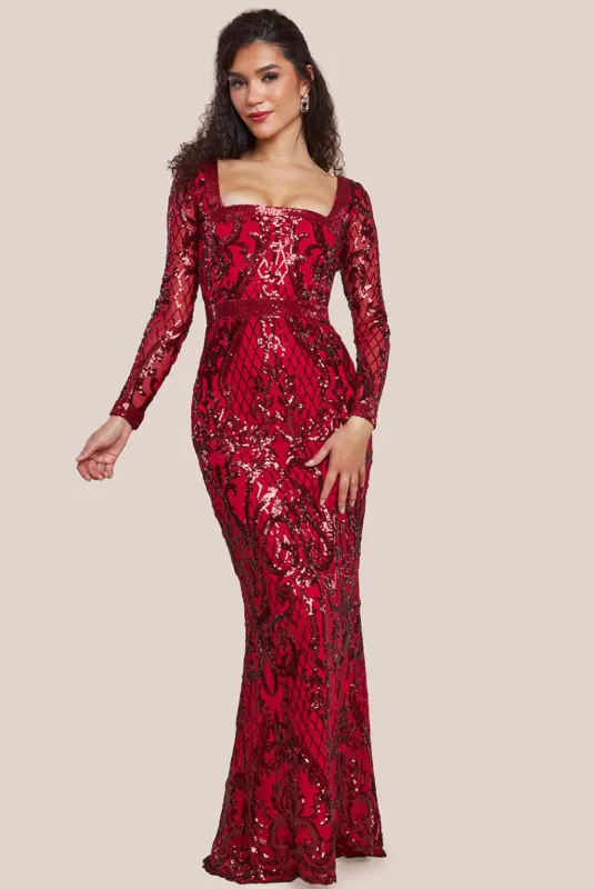 Sequin Square Neck Maxi With Scallop Hem - Red by Goddiva sold by Goddiva