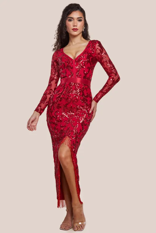 Tassel & Sequin Maxi With Front Split - Red by Goddiva sold by Goddiva