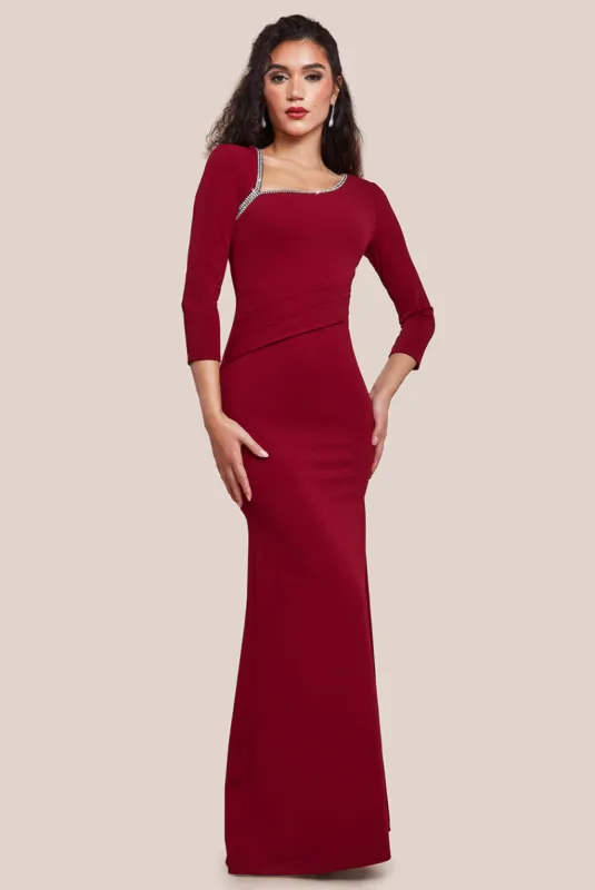 Asymmetric Neck Diamante Embellished Maxi Dress - Wine by Goddiva sold by Goddiva