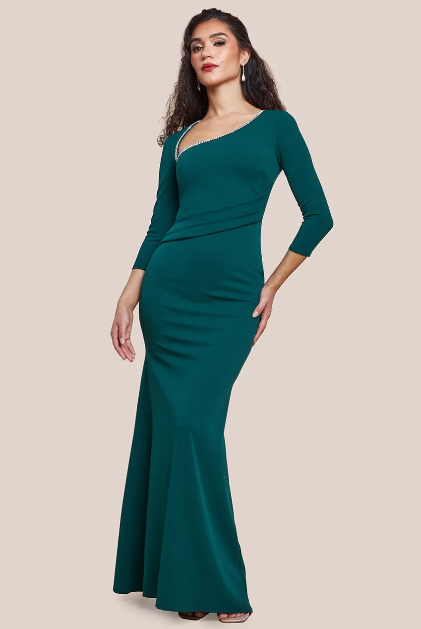 Asymmetric Neck Diamante Embellished Maxi Dress - Emerald Green by Goddiva sold by Goddiva