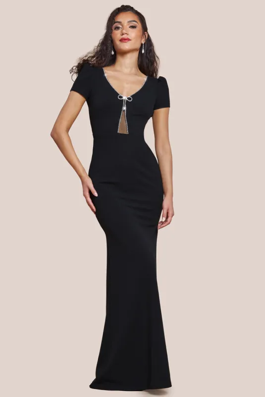 Diamante Embellished Bow Scuba Crepe Maxi Dress - Black by Goddiva sold by Goddiva