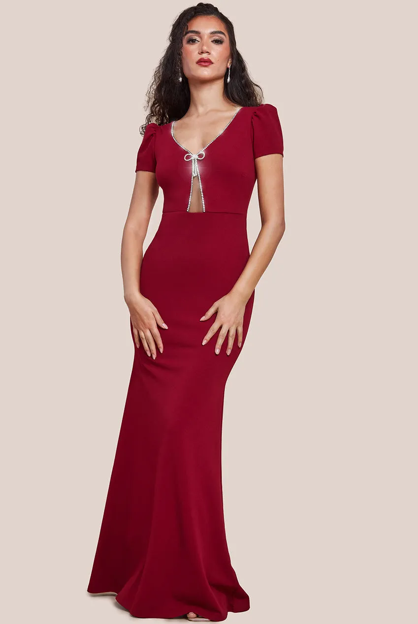 Diamante Embellished Bow Scuba Crepe Maxi Dress - Wine by Goddiva sold by Goddiva
