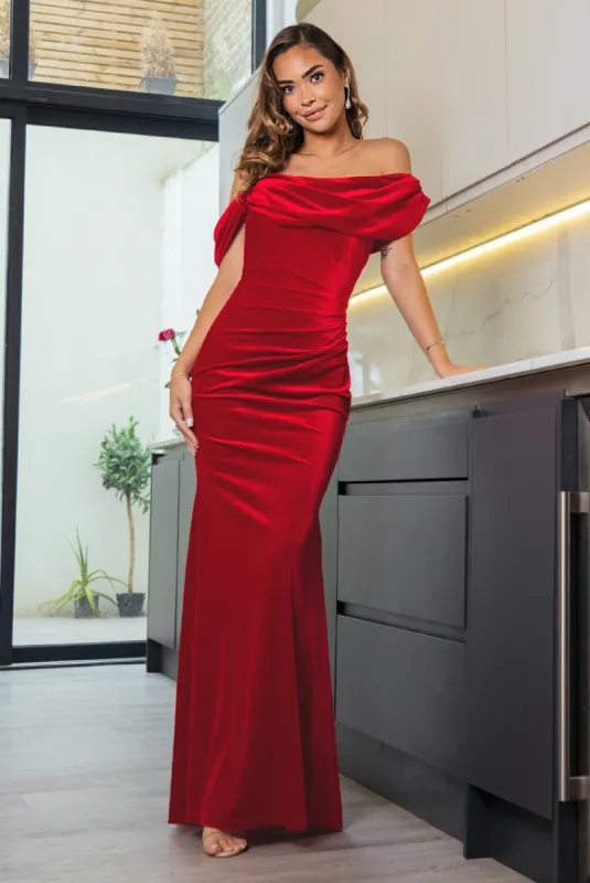 Cowl One Shoulder Velvet Maxi Dress - Red by Goddiva sold by Goddiva