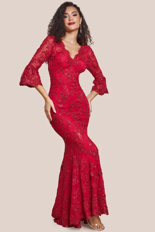 Scalloped Lace Maxi Dress - Red by Goddiva sold by Goddiva