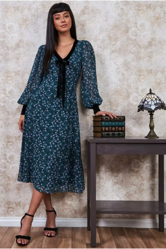 Goddiva Printed Necktie Midi Dress - Emerald Green made by Goddiva