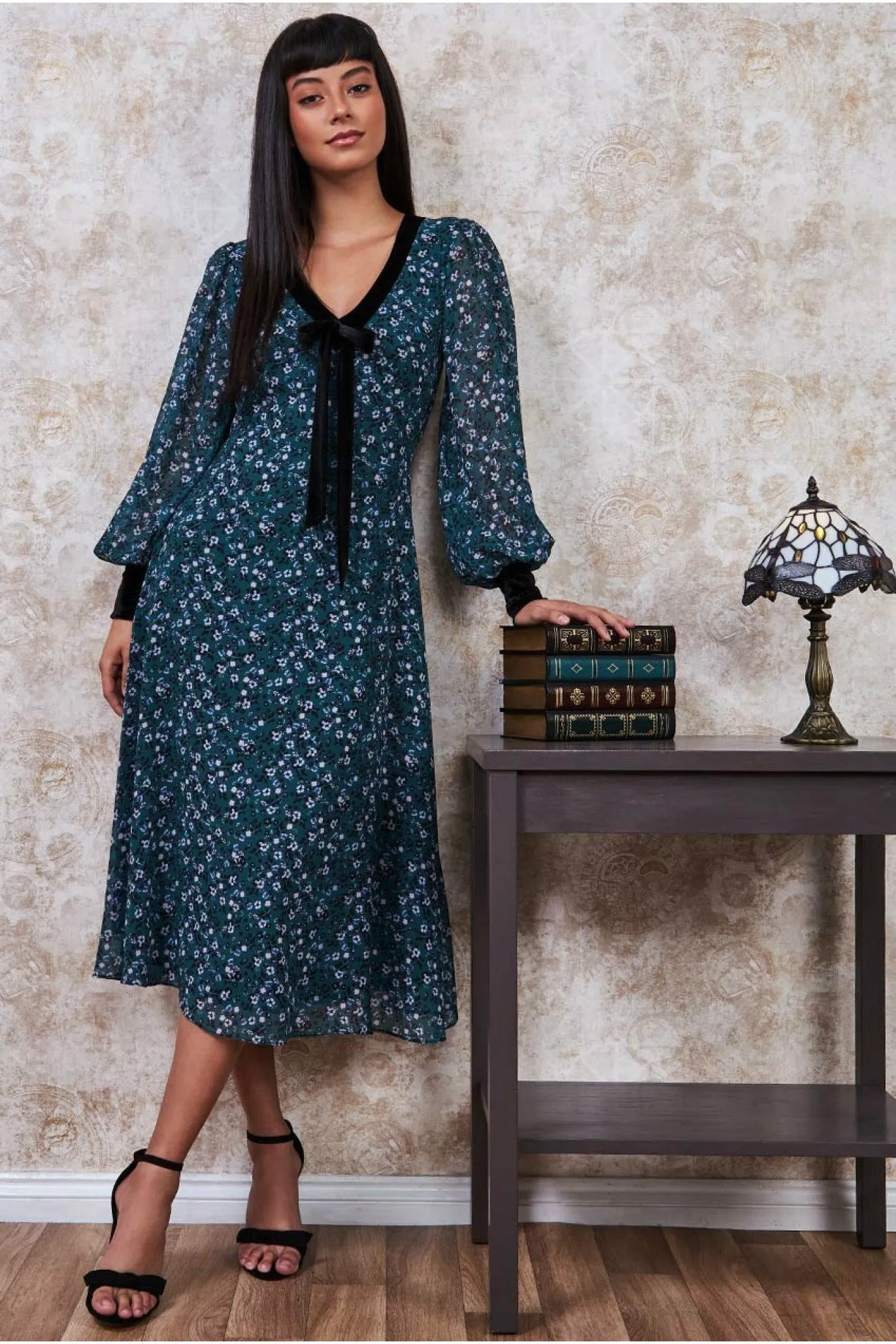 Goddiva Printed Necktie Midi Dress - Emerald Green sold by Goddiva