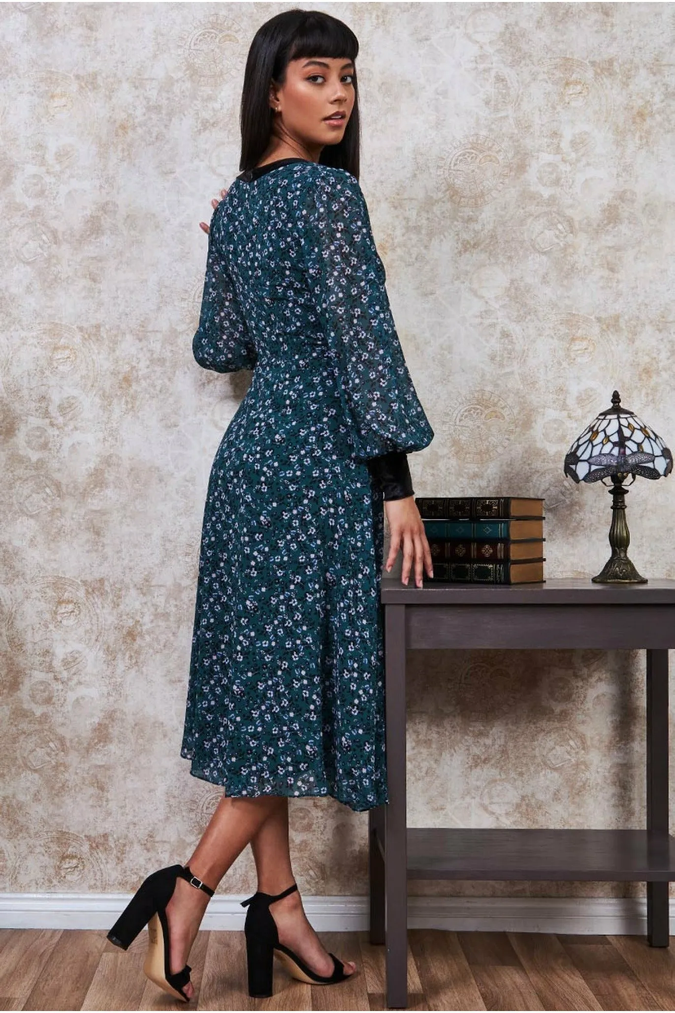 Goddiva Printed Necktie Midi Dress - Emerald Green sold by Goddiva product image thumbnail 2