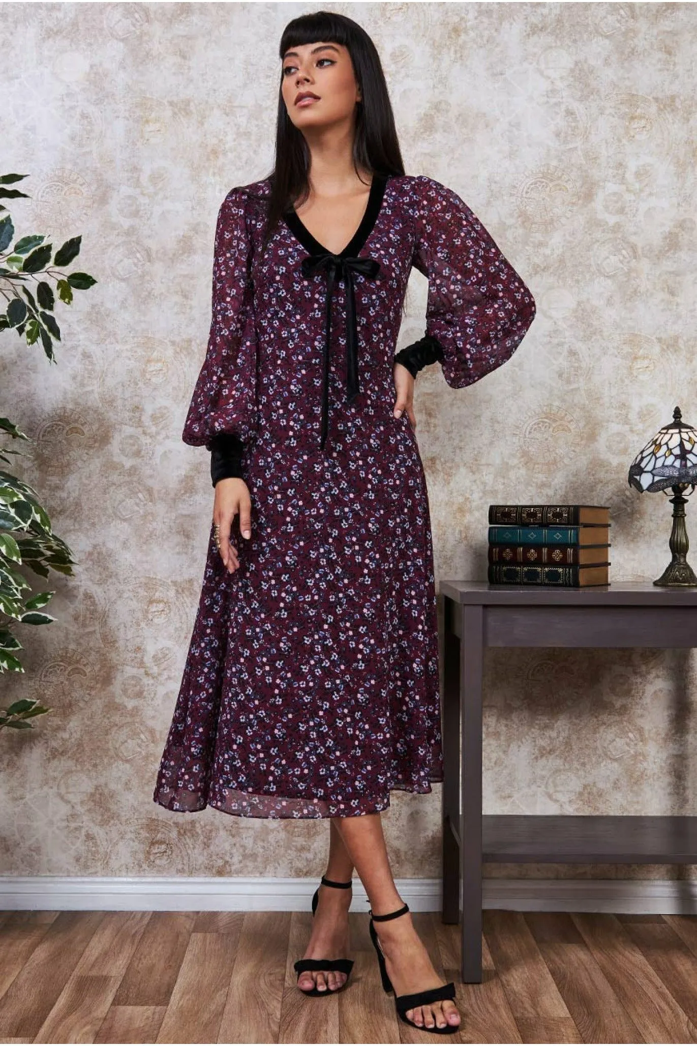 Goddiva Printed Necktie Midi Dress - Wine sold by Goddiva product image thumbnail 3