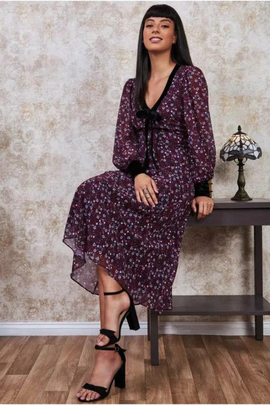 Goddiva Printed Necktie Midi Dress - Wine made by Goddiva