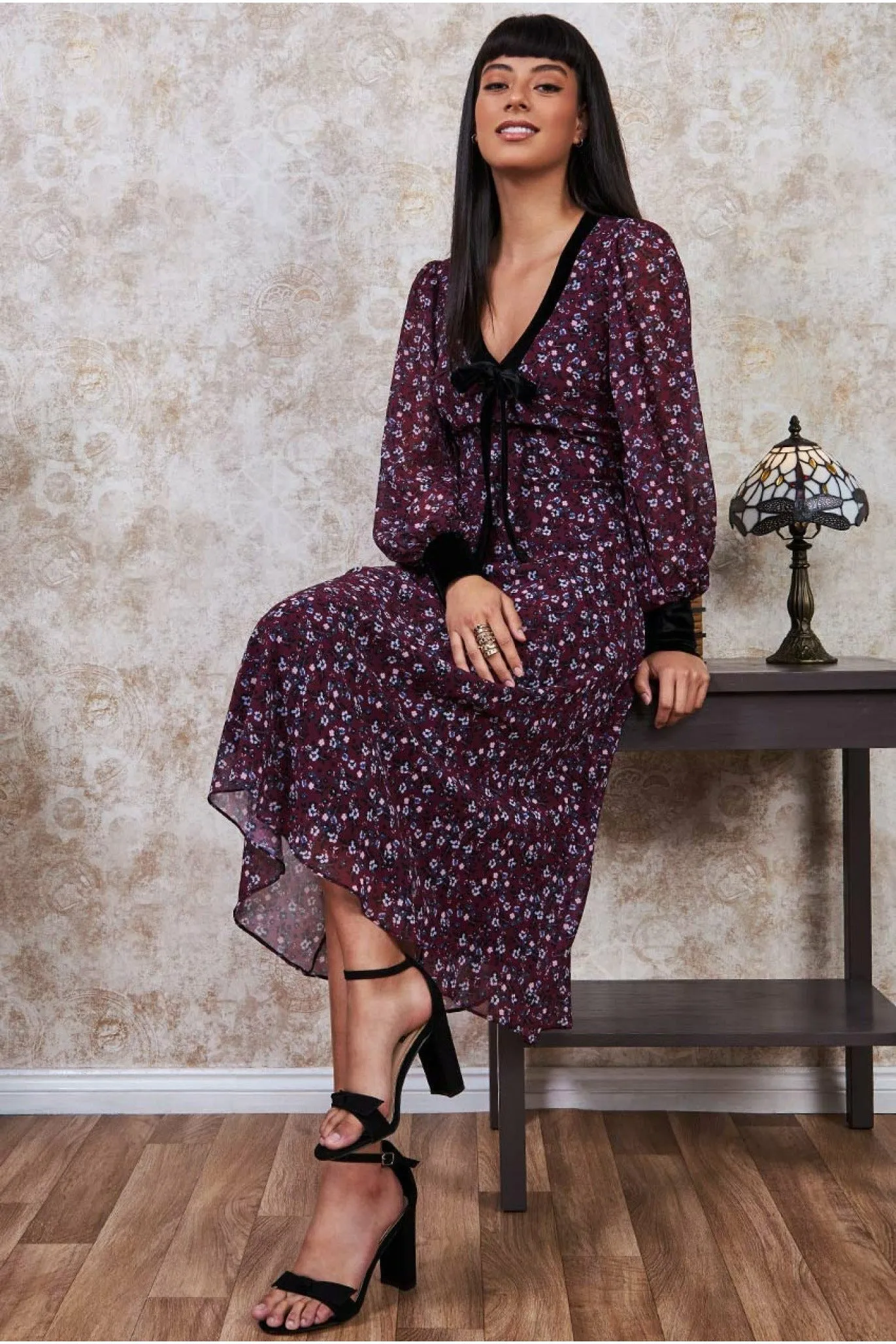 Goddiva Printed Necktie Midi Dress - Wine sold by Goddiva