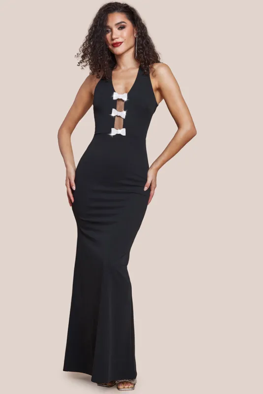 Embellished Diamante Bow Mermaid Halter Neck Maxi Dress - Black by Goddiva sold by Goddiva