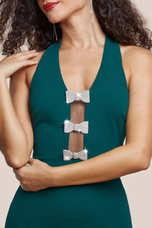 Embellished Diamante Bow Mermaid Halter Neck Maxi Dress - Emerald by Goddiva sold by Goddiva