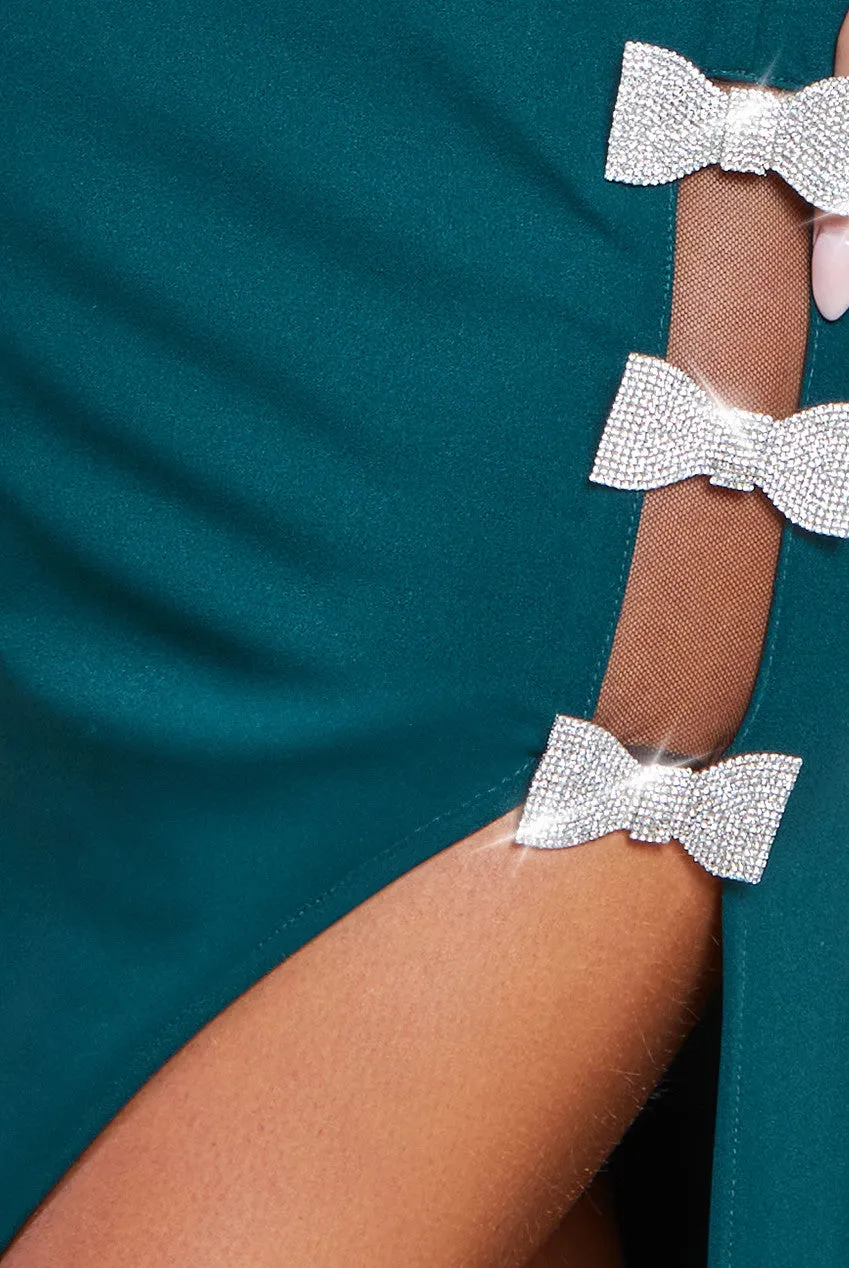 Diamante Brooch Thigh Split Mermaid Maxi Dress - Emerald by Goddiva sold by Goddiva product image thumbnail 4