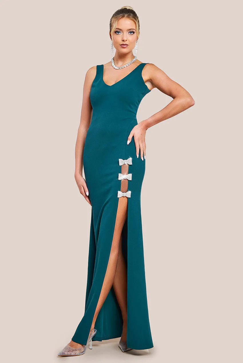 Diamante Brooch Thigh Split Mermaid Maxi Dress - Emerald by Goddiva sold by Goddiva
