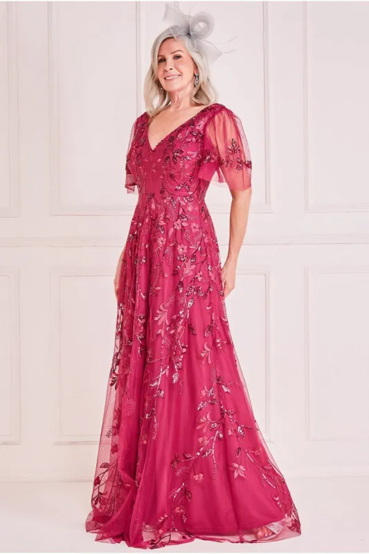 Embroidered Flared Sleeve Maxi Dress - Magenta by Goddiva sold by Goddiva