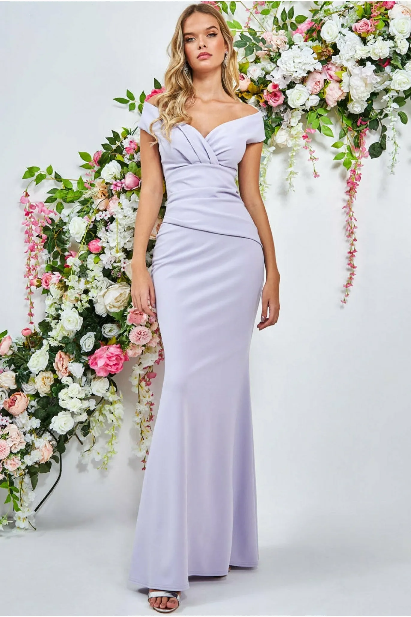 Bardot Pleated Maxi Dress - Lilac by Goddiva sold by Goddiva