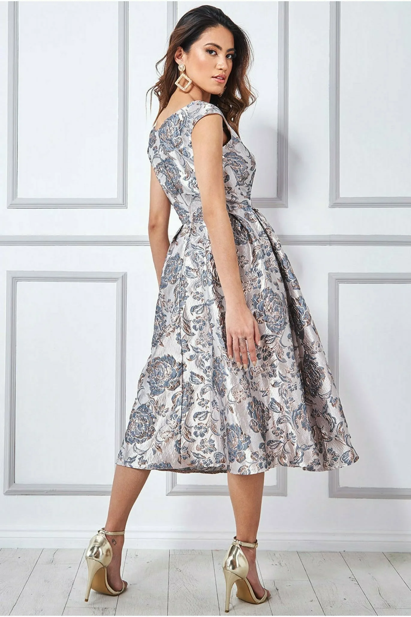 Goddiva Jacquard Off The Shoulder Midi Dress - Champagne sold by Goddiva product image thumbnail 2