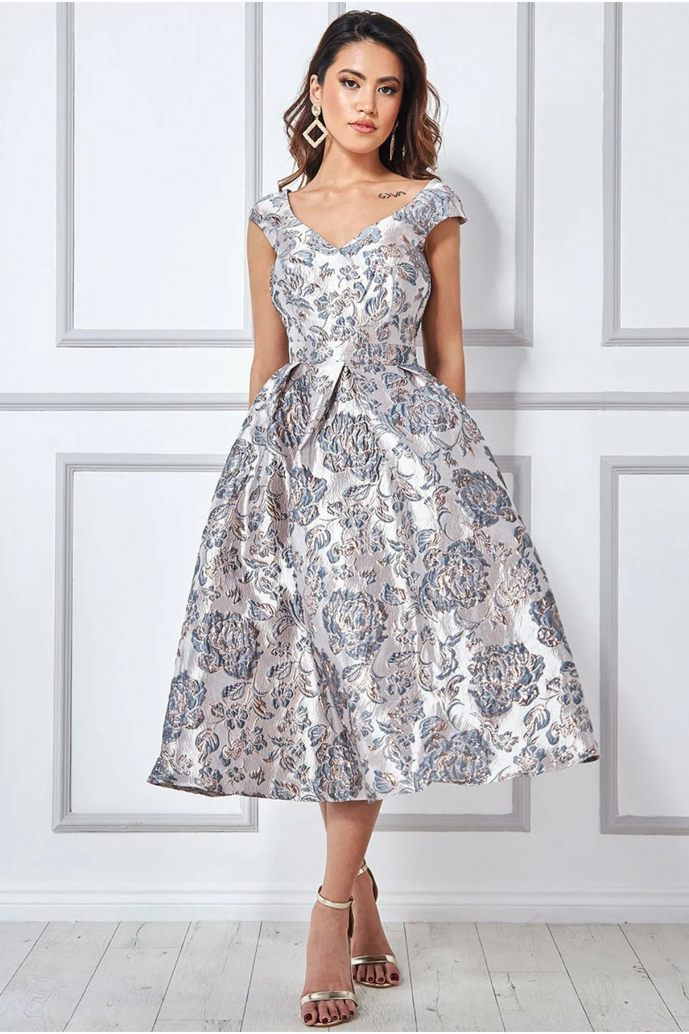 Goddiva Jacquard Off The Shoulder Midi Dress - Champagne sold by Goddiva