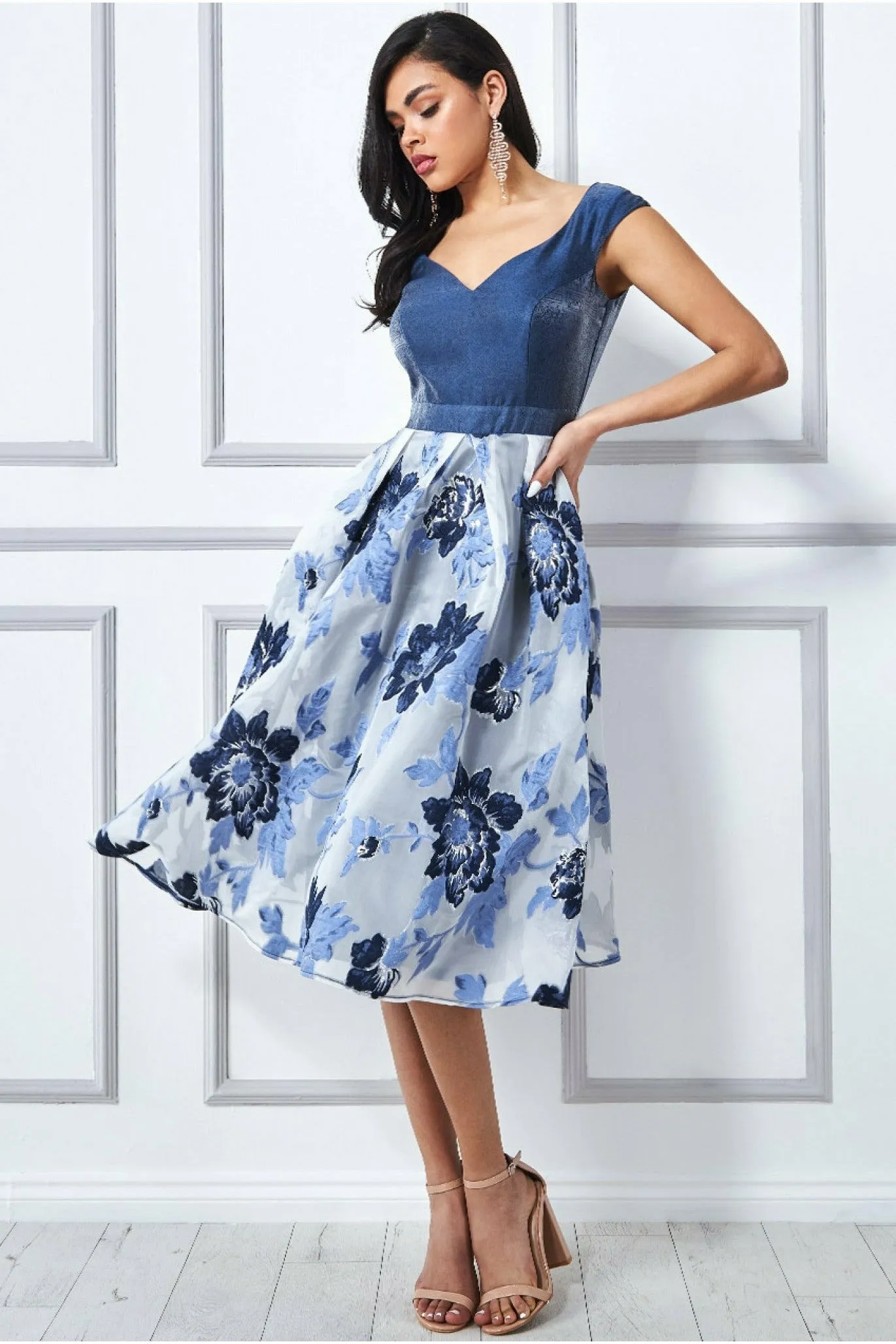 Goddiva Jacquard Off The Shoulder Midi Dress - Blue sold by Goddiva product image thumbnail 3