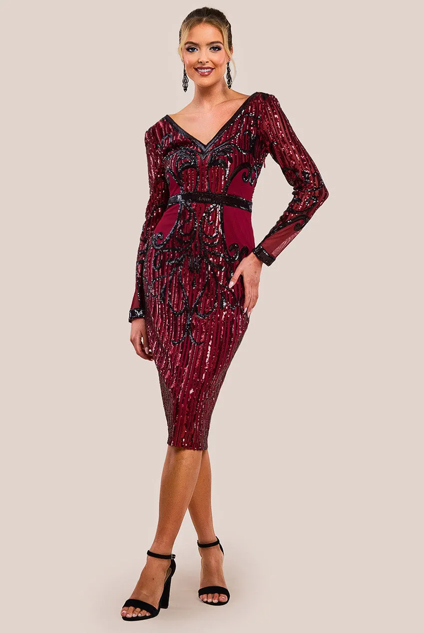 Sequin & Mesh Embroidered Midi Dress - Wine by Goddiva sold by Goddiva