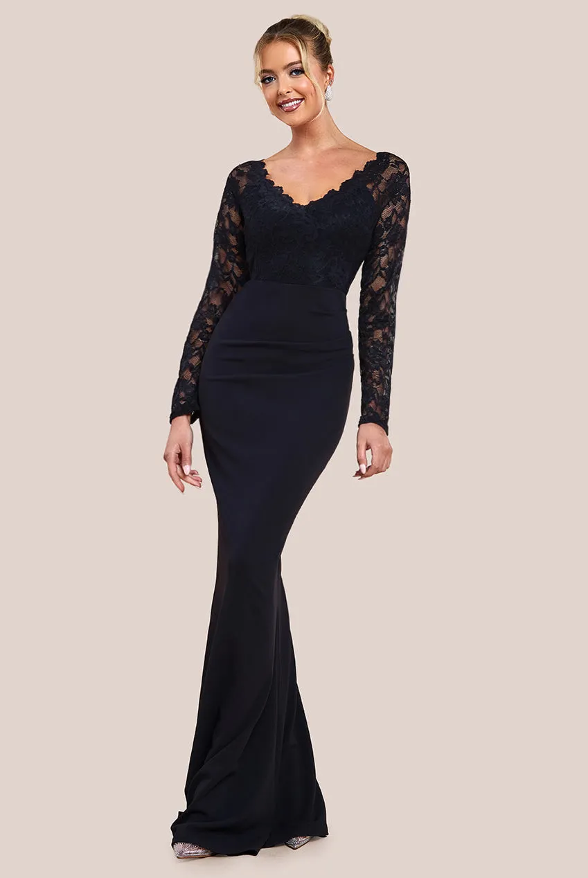 Goddiva Scalloped Lace & Scuba Maxi Dress - Black sold by Goddiva