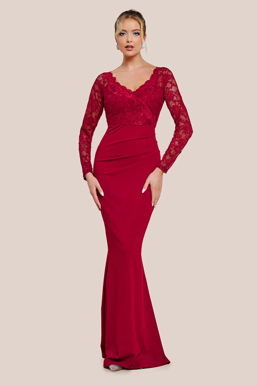 Scalloped Lace & Scuba Maxi Dress - Wine by Goddiva sold by Goddiva