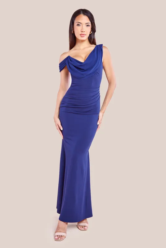Cowl Neck One Shoulder Scuba & Chiffon Maxi Dress - Navy by Goddiva sold by Goddiva