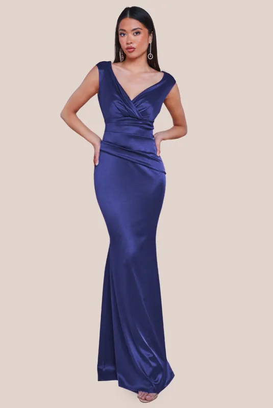 Goddiva Satin Off The Shoulder Maxi Dress - Navy sold by Goddiva