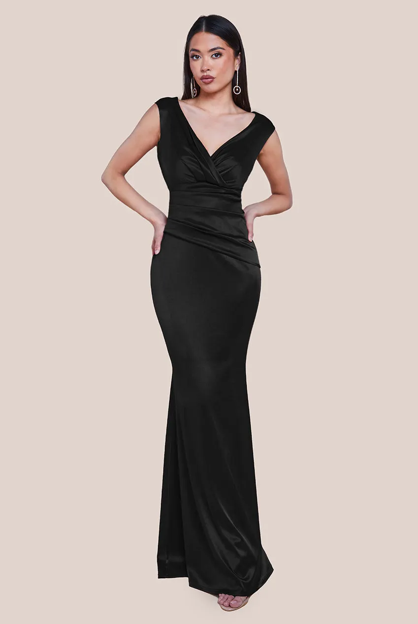 Satin Off The Shoulder Maxi Dress - Black by Goddiva sold by Goddiva