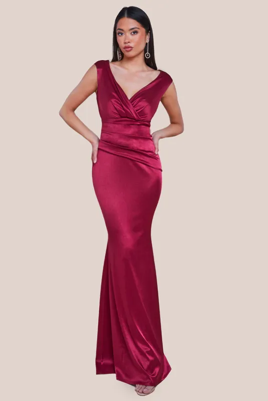 Satin Off The Shoulder Maxi Dress - Wine by Goddiva sold by Goddiva